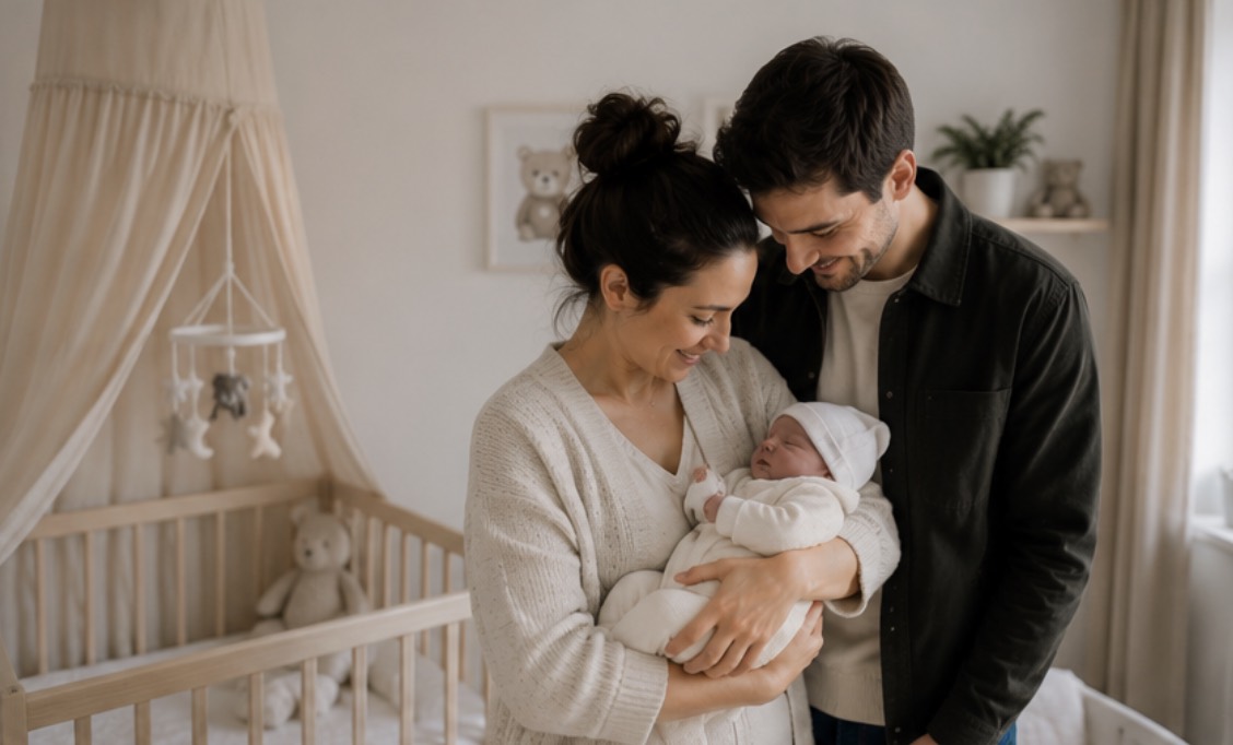 Familie mit Baby im Kinderzimmer